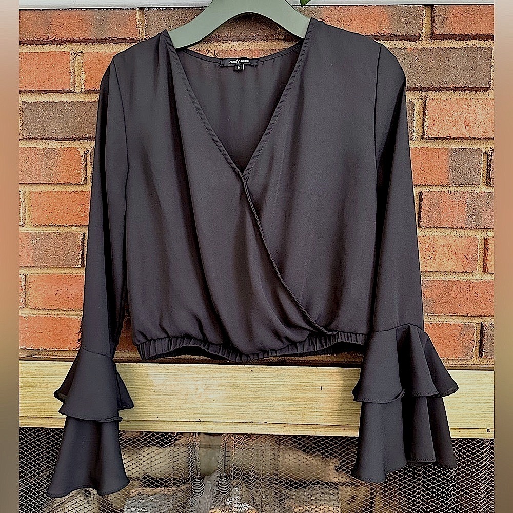 Ambiance Black Surplice Blouse with Tiered Bell Sleeves